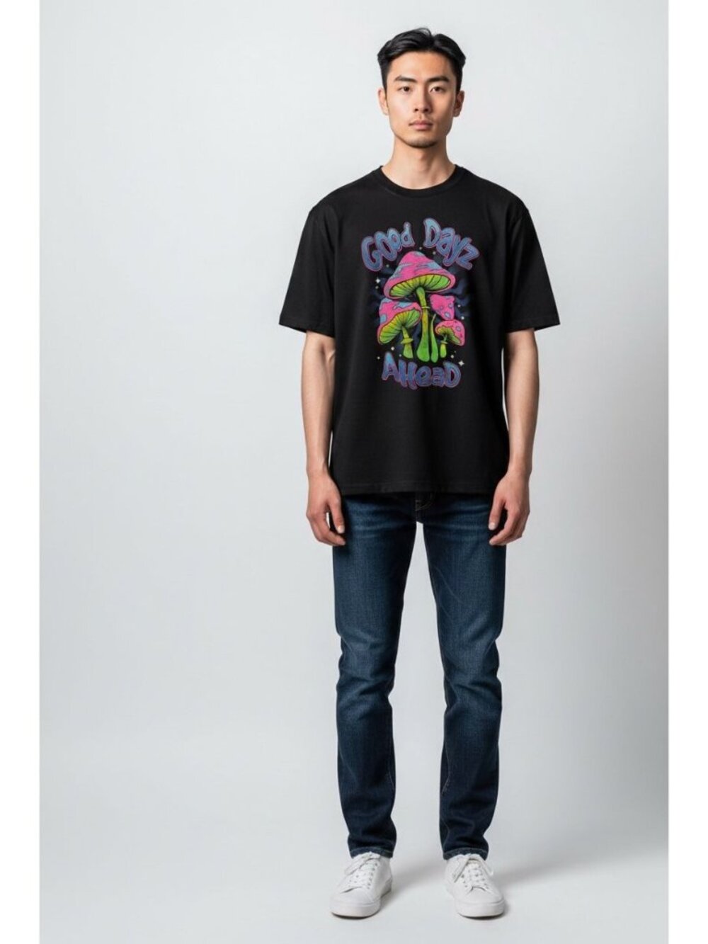 Good Dayz Ahead Graphic Black DOM T-Shirt With Colorful Mushroom Design